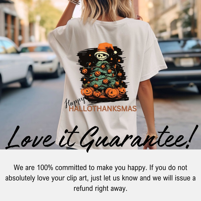 May include: Cream-colored t-shirt featuring a Halloween-themed graphic. The design includes a Christmas tree with pumpkin ornaments, a skeleton wearing a Santa hat, and the text "Happy Hallothanksmas".