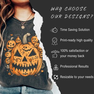 May include: Dark gray t-shirt featuring a large, orange jack-o'-lantern design surrounded by smaller pumpkins. The shirt has the text "WHY CHOOSE OUR DESIGNS?" and other text on the right side. The design is vintage-inspired, perfect for Halloween.