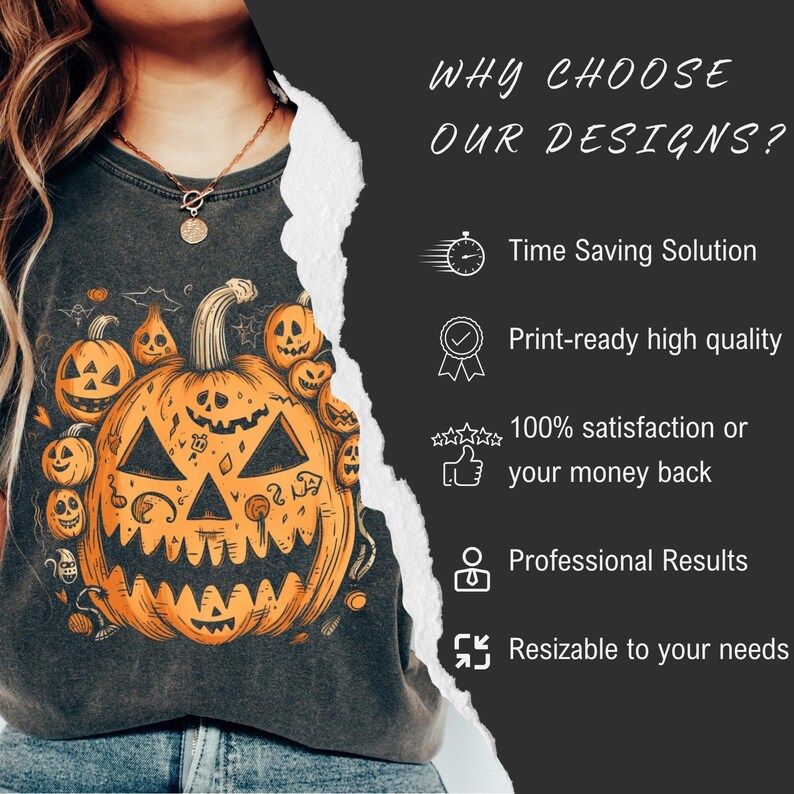 May include: Dark gray t-shirt featuring a large, orange jack-o'-lantern design surrounded by smaller pumpkins. The shirt has the text "WHY CHOOSE OUR DESIGNS?" and other text on the right side. The design is vintage-inspired, perfect for Halloween.