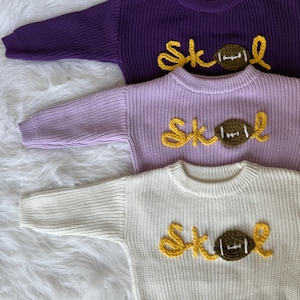 SKOL sweater, NFL hand embroidered baby and toddler sweater, kids football sweater, custom baby NFL sweater with football
