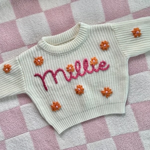 Personalized hand embroidered baby and toddler name sweater, milestone keepsake sweater, baby shower gift, newborn name announcement