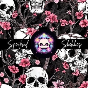 Spectral Sketches: Cherry Blossom Skulls | Seamless File | Digital Download | Fabric Printing | Halloween | 12x12