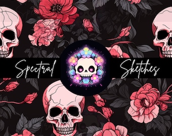 Spectrale schetsen: Barbie-schedels en rozen | Naadloos bestand | Digitaal downloaden | Stoffen bedrukken | Barbie | Bloemen | 12x12
