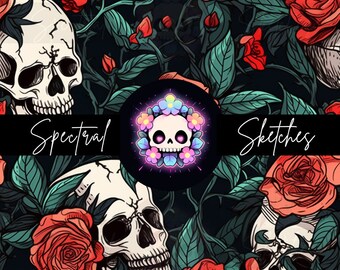 Spectrale schetsen: schedels en rozen | Naadloos bestand | Digitaal downloaden | Stoffen bedrukken | Halloween | Bloemen | 12x12