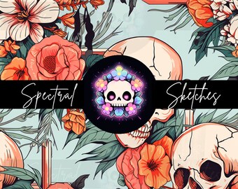 Spectrale schetsen: tropische schedels | Naadloos bestand | Digitaal downloaden | Stoffen bedrukken | Halloween | Bloemen | 12x12