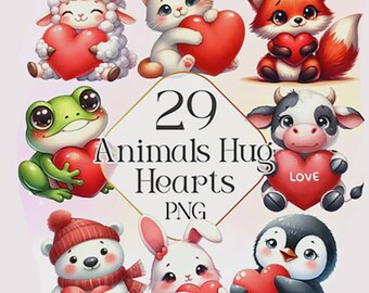 Clipart Animales con Corazones PNG | Stickers Cute San Valentín | Diseño Digital Imprimible Fondo Transparente