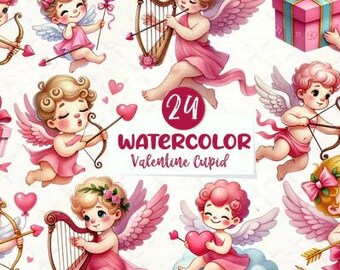 Cupido Rosa Clipart PNG | Ángeles de San Valentín Imprimibles | Diseño Scrapbooking Digital | Ilustración Acuarela para Manualidades