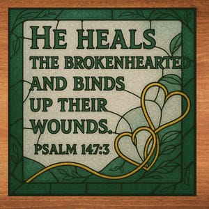 May include: A stained glass window with a green background and gold accents. The window features a heart design and the text "HE HEALS THE BROKENHEARTED AND BINDS UP THEIR WOUNDS. PSALM 147:3".