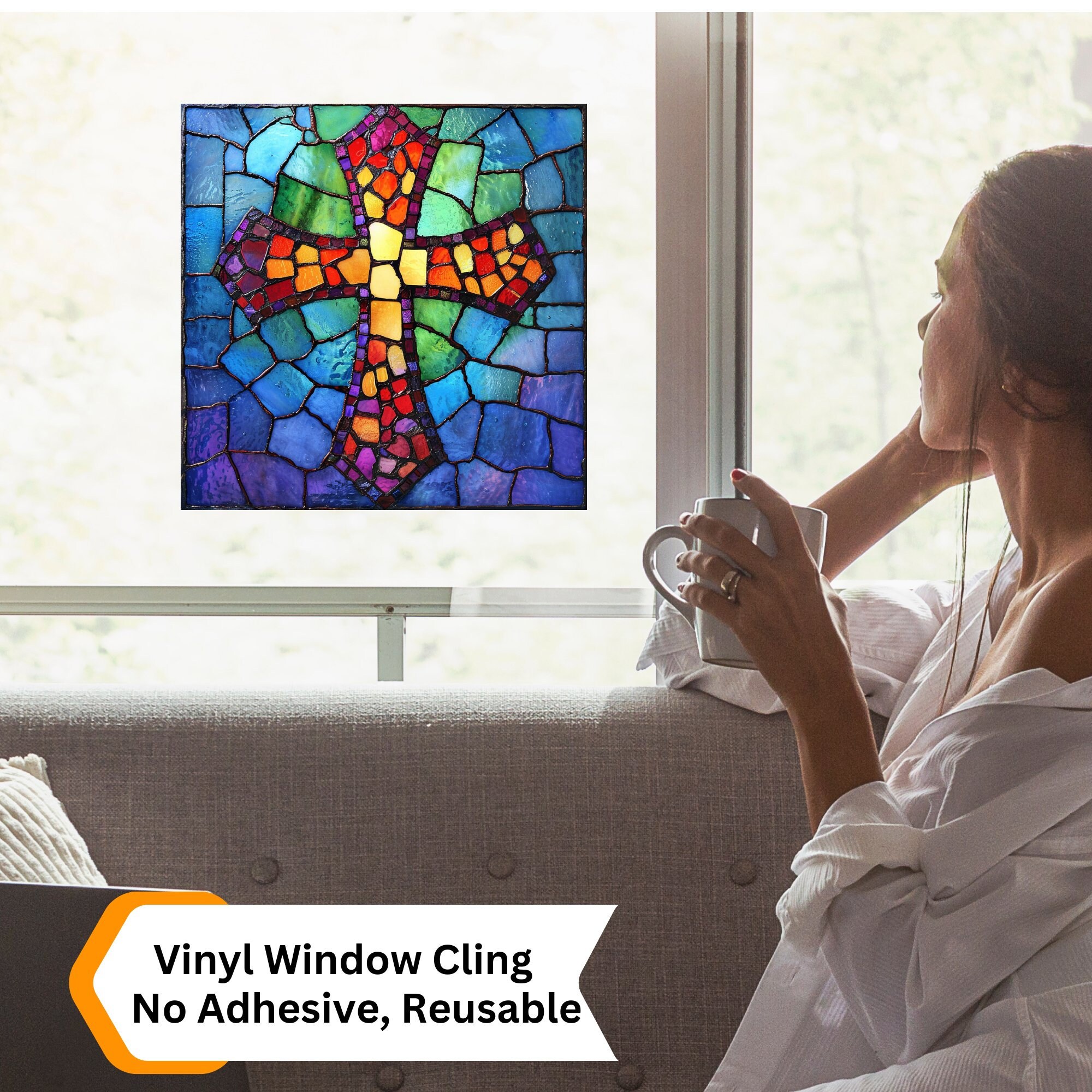 Christian Cross Stained Glass Window Cling Christian Faith Art Faithful ...