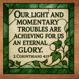 May include: A stained glass window with a green frame and ivy vines. The text reads "Our light and momentary troubles are achieving for us an eternal glory. 2 Corinthians 4:17".