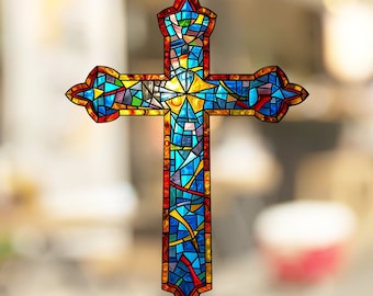 Christian Cross Stained Glass Window Cling Christian Faith Art Faithful Decor Window Decals Sticker Window Film Reusable No Residue