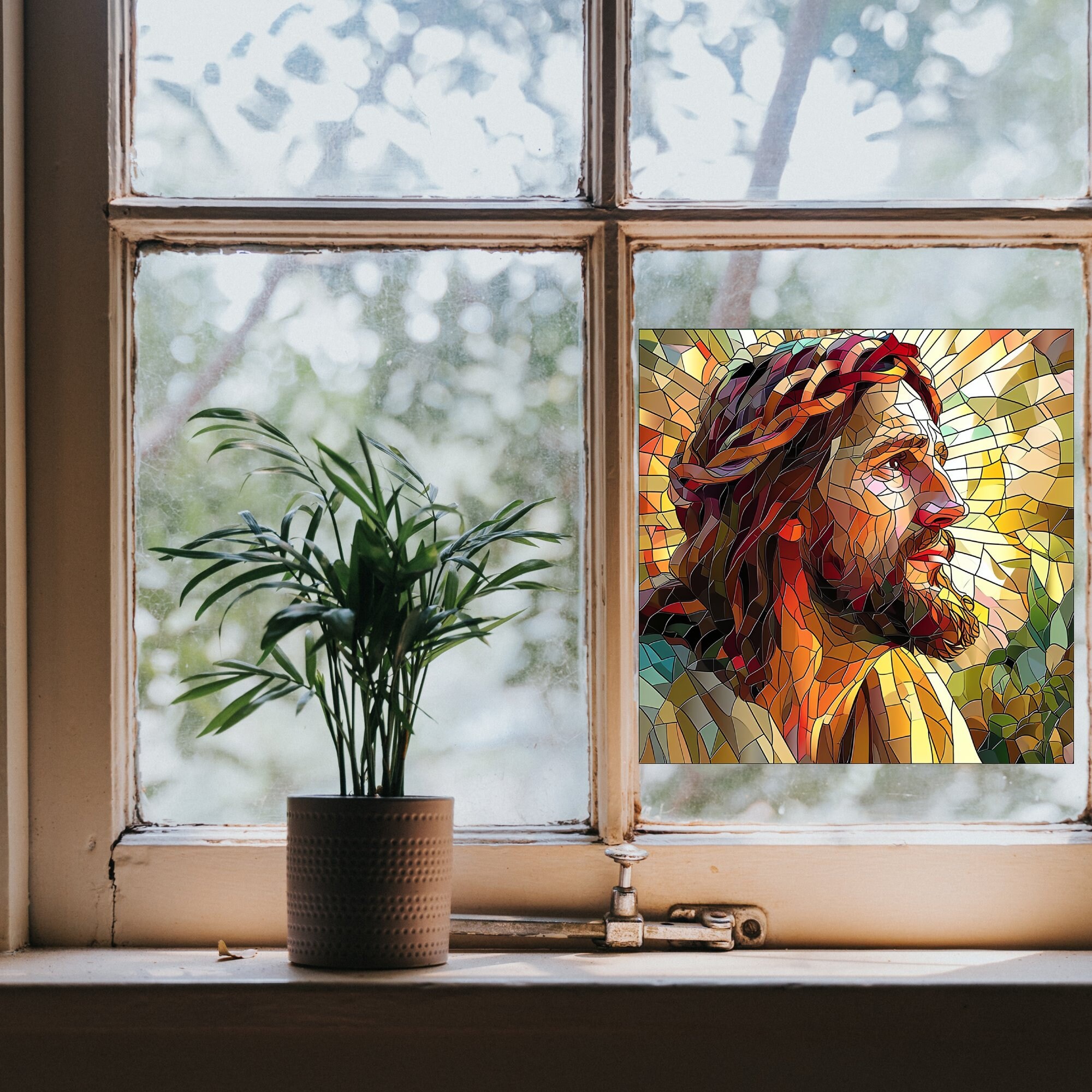 God Window Sticker Jesus Stained Glass Window Cling Christian Faith Art Faithful Decor ...