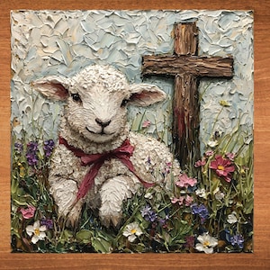 May include: Oil painting of a lamb with a red ribbon, resting in a field of wildflowers. A wooden cross stands in the background. The artwork features textured brushstrokes and a palette of white, green, pink, purple, and brown.