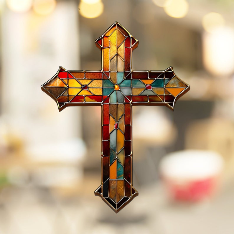 Christian Cross Stained Glass Window Cling Christian Faith Art Faithful ...