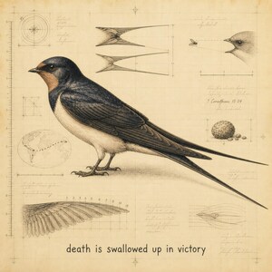 May include: A scientific illustration of a barn swallow on parchment-style paper, featuring technical diagrams of wings, a map, and a small insect. The text "1 Corinthians 15:54" and "death is swallowed up in victory" are printed on the page.