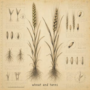 May include: A botanical illustration on aged paper depicting wheat and tares with detailed sketches of roots, seeds, and growth stages. The text "wheat and tares" appears at the bottom, alongside handwritten notes, diagrams, and a small clock icon.