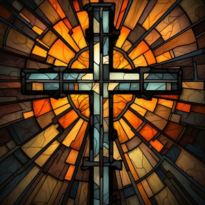 May include: A stained glass window depicting a cross with a sunburst design in shades of orange, brown, and blue.