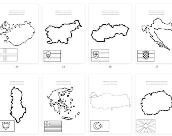 Hojas de trabajo imprimibles de Europa, mapas y banderas para colorear, edición europea, 36 países