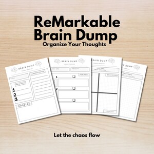May include: A collection of white paper thought organizers with the text "ReMarkable Brain Dump" and "Organize Your Thoughts". Each sheet features sections for notes, ideas, and doodles. The phrase "Let the chaos flow" is also visible.