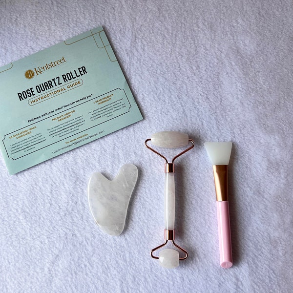 Rose Quartz Roller Set, Rose Quartz facial roller and gua sha | 100% Real Rose Quartz stone, face roller skin massager for face, neck, & eye