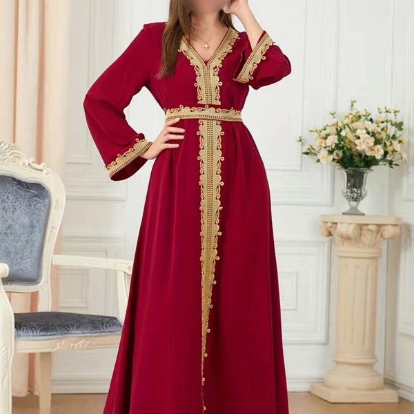 Burgundy Kaftan Lace Trim w/ Elegant V-neck Modest Dress - Size Womens 12