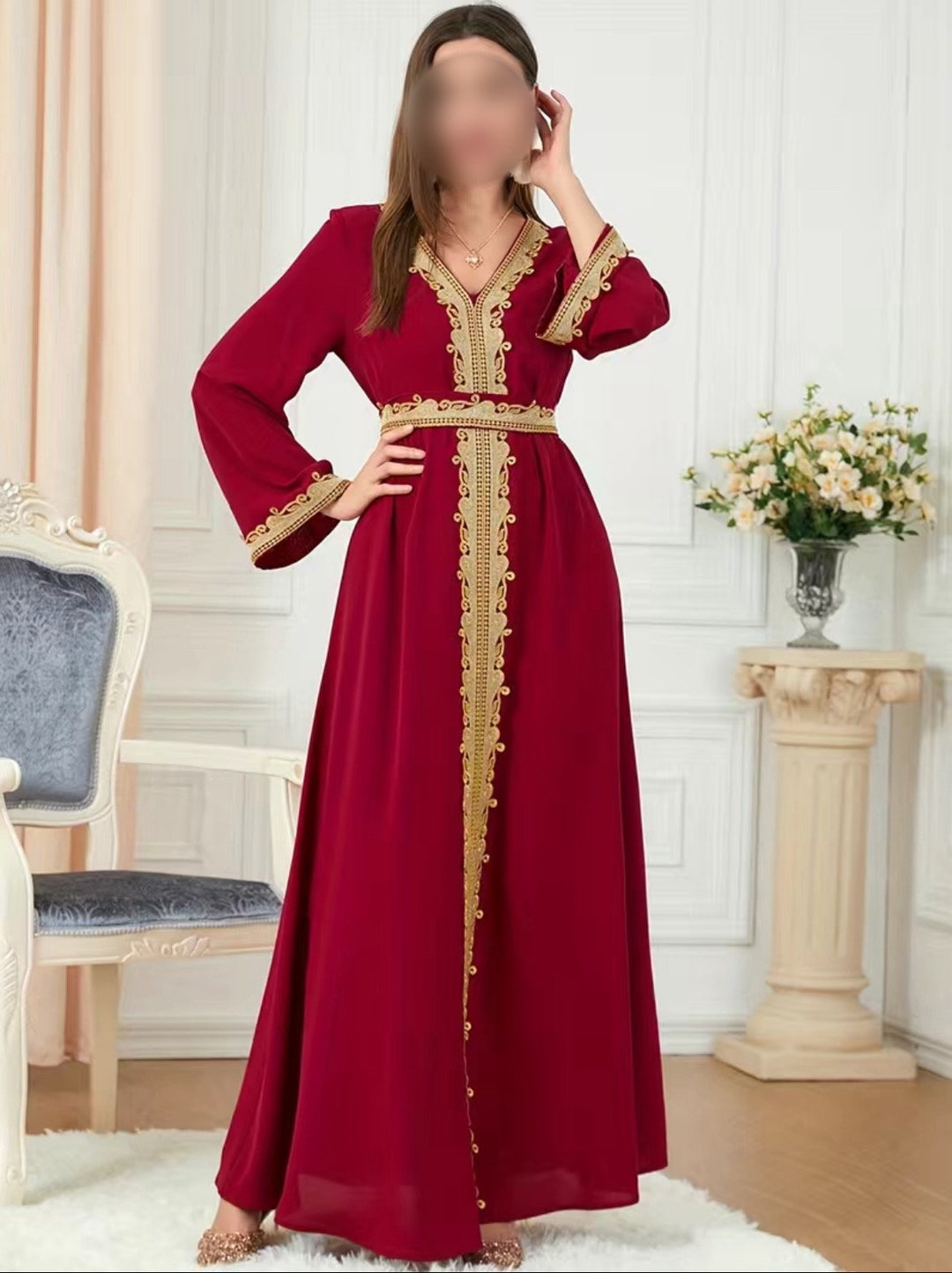 prom dress burgundy Talking Threads Burgundy Floral Embroidered Luxury Floor-Length Kaftan main image 0