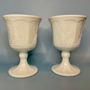 Indiana Glass Goblets Milk Glass wine grape pattern pedestal 5.25” Set of 2 Bridal Wedding