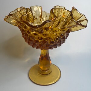 Fenton Amber Hobnail Ruffle Top Dish Compote Vintage Candy Dish