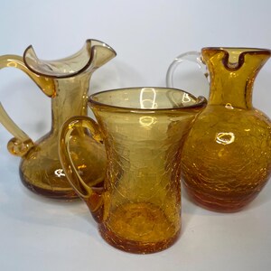Amber Crackle Glass Pitchers Set of 3 MCM Mini Vases Vintage Gold Holiday Decor Gift Trio