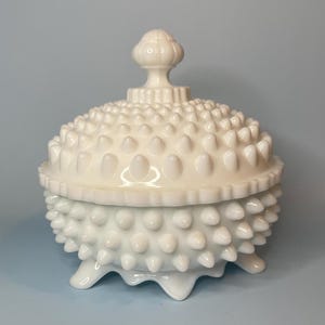 Fenton Hobnail Covered Candy Dish 3 Toed 6&quot; Vintage Decor Milk Glass - Rare!
