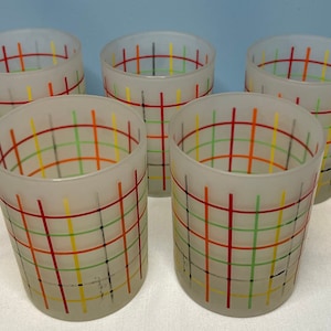 Frosted Glass MCM Barware Plaid Lines Signed Morgan Vintage Glasses Red Yellow Green Black Lines Bar Rocks Glasses set of 5, Rare, Fabulous!
