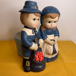 Pilgrim Planter Thanksgiving 1988 Geerlings Vintage Boy and Girl Thanksgiving Decoration Table Patio Garden Sweet Hostess Gift