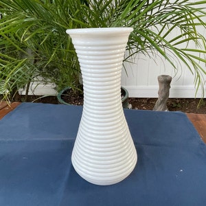 Milk Glass Vase 9” White Horizontal Ribbed Vase Wedding Table Bouquet Hourglass Shape Vase White