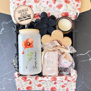 Personalized Birth Flower Glass Cup, Birthday Gift Box for Friend, Gift Box for Mom Pampering Gift Basket Relaxing Gift Set Custom Name Gift