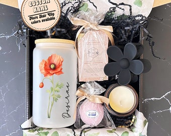 Personalized Birth Flower Glass Cup, Birthday Gift Box for Friend, Gift Box for Mom Pampering Gift Basket Relaxing Gift Set Custom Name Gift