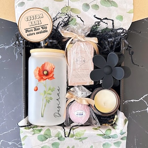 Personalized Birth Flower Glass Cup, Birthday Gift Box for Friend, Gift Box for Mom Pampering Gift Basket Relaxing Gift Set Custom Name Gift