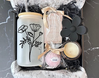 Personalized Birth Flower Glass Cup, Birthday Gift Box for Friend, Gift Box for Mom Pampering Gift Basket Relaxing Gift Set Custom Name Gift