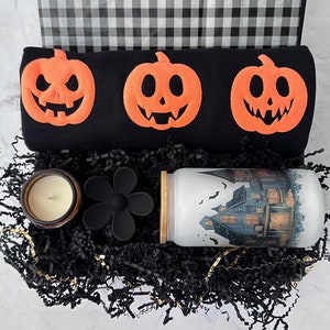 Personalized Halloween Gift Box with Pumpkin Sweatshirt and Halloween Glass Can with Bamboo Lid, Unique Halloween and Fall Gift