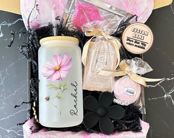Personalized Birth Flower Glass Cup, Birthday Gift Box for Friend, Gift Box for Mom Pampering Gift Basket Relaxing Gift Set Custom Name Gift
