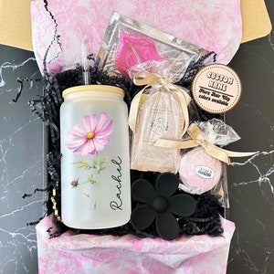 Personalized Birth Flower Glass Cup, Birthday Gift Box for Friend, Gift Box for Mom Pampering Gift Basket Relaxing Gift Set Custom Name Gift