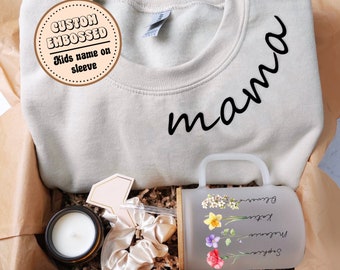 Personalized Gift box for Mom with Sweatshirt, Birth flower names mug with bamboo lid, Unique Gift Box for Mother's Day, Gift for Grandma