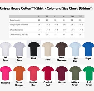 May include: Color and size chart for Unisex Heavy Cotton T-shirts. The chart displays body length, chest width, and tolerance measurements. Various t-shirt colors are shown, including white, black, and navy.