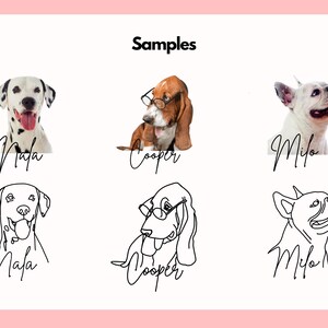 May include: An image with the word "Samples" at the top, featuring three dog portraits and three line drawings of dogs. The dogs are a Dalmatian, a Basset Hound wearing glasses, and a white dog. Each image has a name written below it.