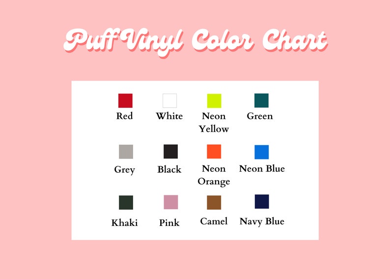 Peut inclure: Nuancier de 12 couleurs diff&eacute;rentes de vinyle gonfl&eacute;. Les couleurs sont le rouge, le blanc, le jaune fluo, le vert, le gris, le noir, l'orange fluo, le bleu fluo, le kaki, le rose, le camel et le bleu marine.