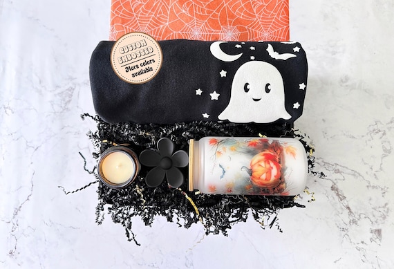 Personalized Halloween Gift Box with Cute Ghost Sweatshirt and Halloween Glass Can with Bamboo Lid, Unique Halloween and Fall Gift