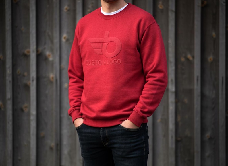 May include: A red sweatshirt with a crew neck and long sleeves. The sweatshirt features a tonal embossed logo with the text "CUSTOM LOGO". The person is wearing dark blue jeans and a white undershirt.
