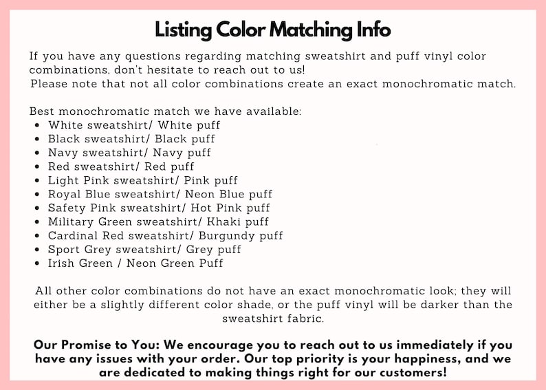 以下が含まれることがあります： 「Listing Color Matching Info」というタイトルのピンク色の枠線付きグラフィック。白、黒、ネイビー、赤、ライトピンク、ロイヤルブルー、セーフティピンク、ミリタリーグリーン、カーディナルレッド、スポーツグレー、アイリッシュグリーンなど、スウェットシャツとパフビニールの色の組み合わせをリストしています。