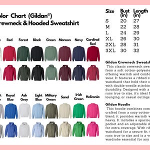 May include: Size and color chart for Gildan unisex crewneck and hooded sweatshirts. Includes a variety of colors like red, black, and green. Size chart shows bust, length, and sleeve measurements in inches for sizes S to 3XL.