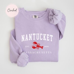 May include: A light purple sweatshirt with the word "NANTUCKET" in white block letters, a red lobster graphic, and the text "EST. 1630" and "MASSACHUSETTS" in white. The word "Orchid" is in a pink circle in the upper left corner.