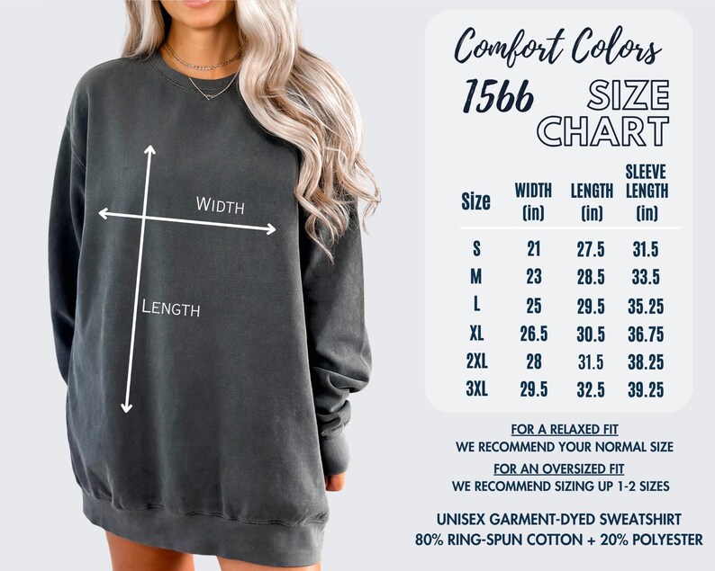 May include: A dark gray unisex garment-dyed sweatshirt with a size chart. The chart lists measurements in inches for width, length, and sleeve length. The sweatshirt is made of 80% ring-spun cotton and 20% polyester.